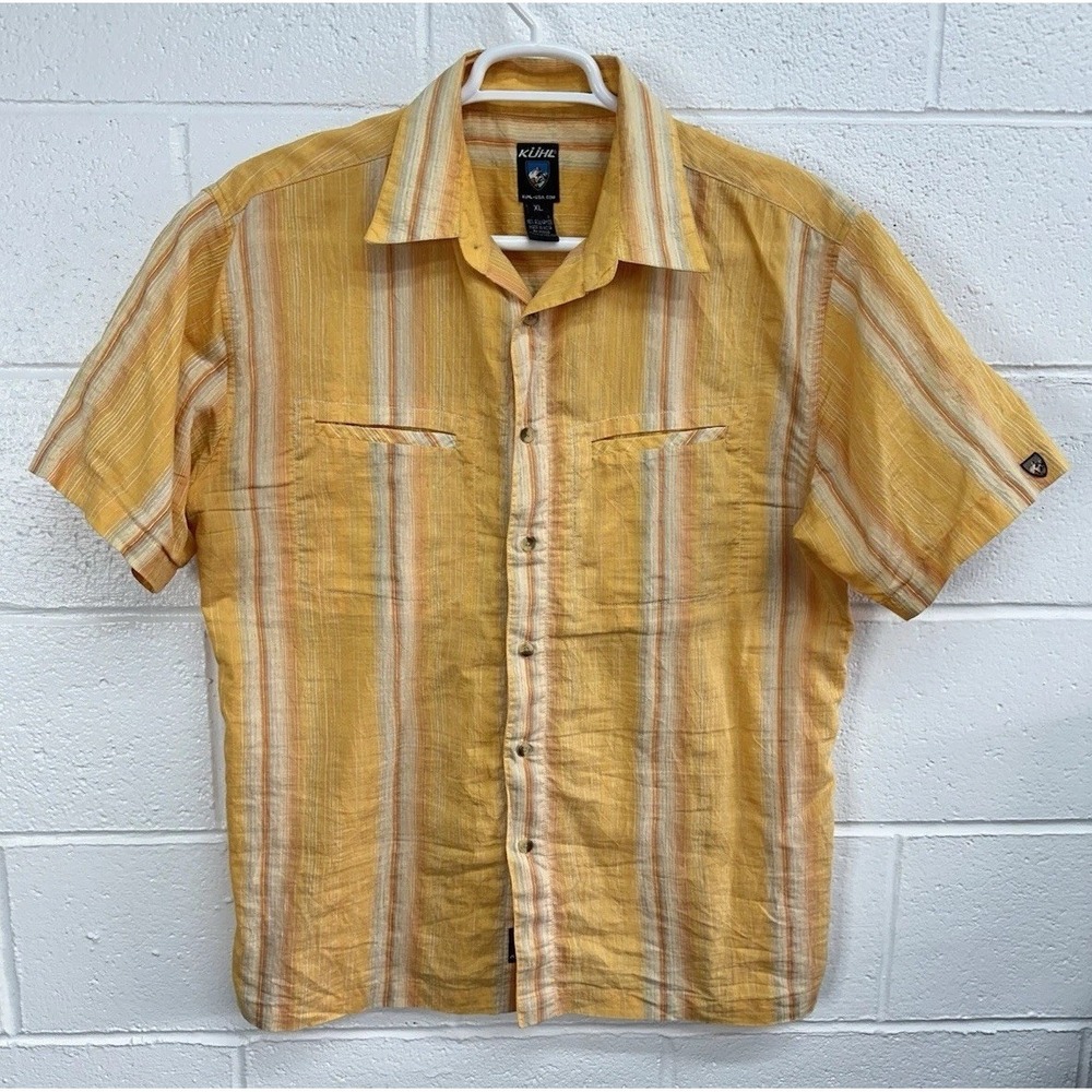 Kuhl Shirt Men's XL Orange Striped Seersucker Athletik Fit Performance Hiking